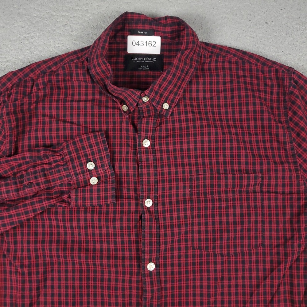 Lucky Brand Mens Slim Fit Red Plaid Button Up Shirt Large Long Sleeve Casual